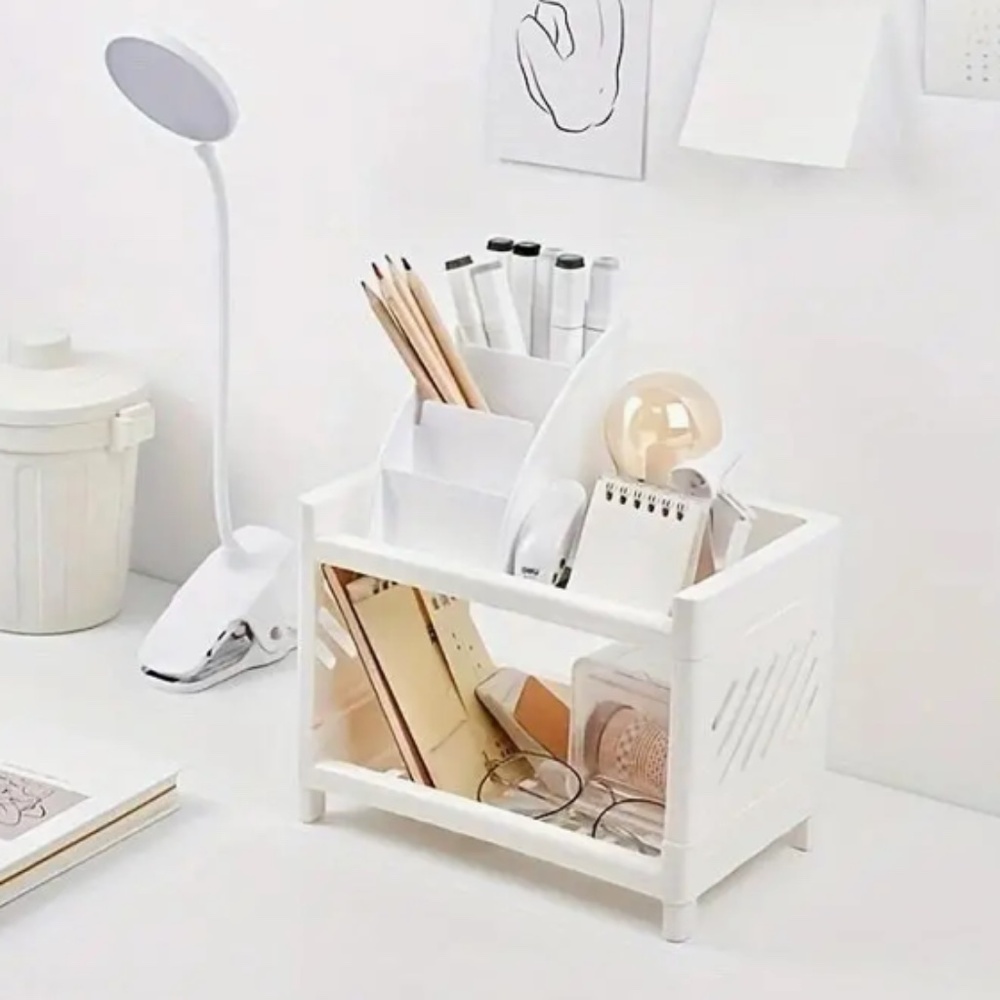 White Plastic Desktop Storage Rack -Multi-Functional Rectangular Organizer Shelf - Picture 4 of 8